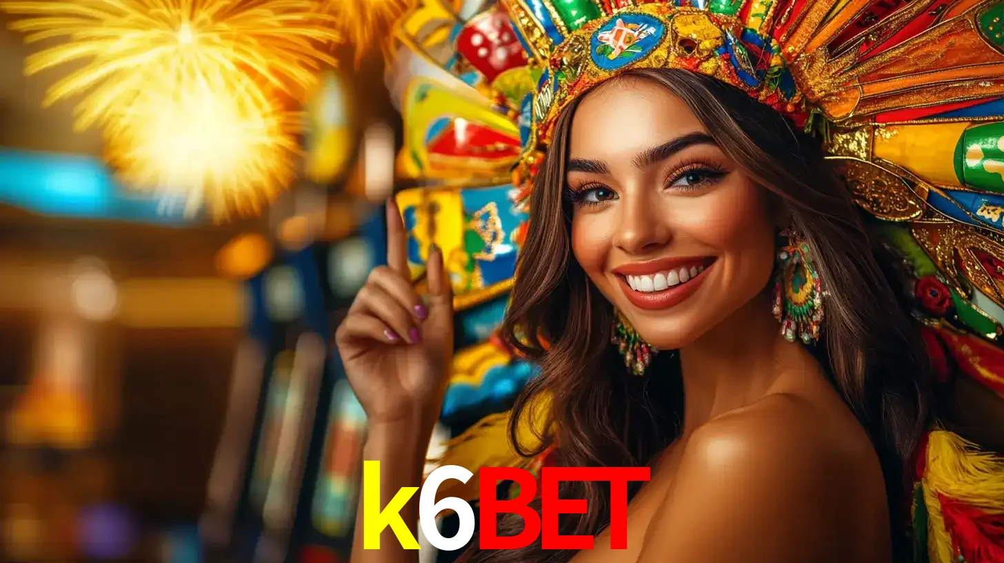 Mulher sorridente com um cocar de carnaval vibrante e colorido, celebrando uma grande vitória nos jogos do cassino k6bet com fogos de artifício ao fundo.