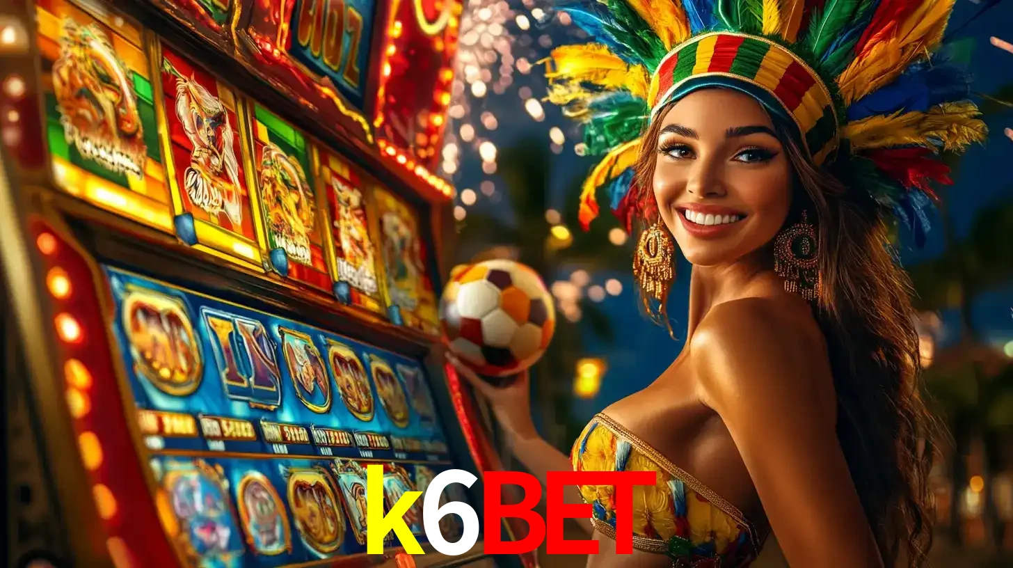 Mulher com um cocar de carnaval ao lado de uma máquina de caça-níqueis enquanto segura uma bola de futebol, mostrando a união da diversão de cassino e esportes no k6bet.