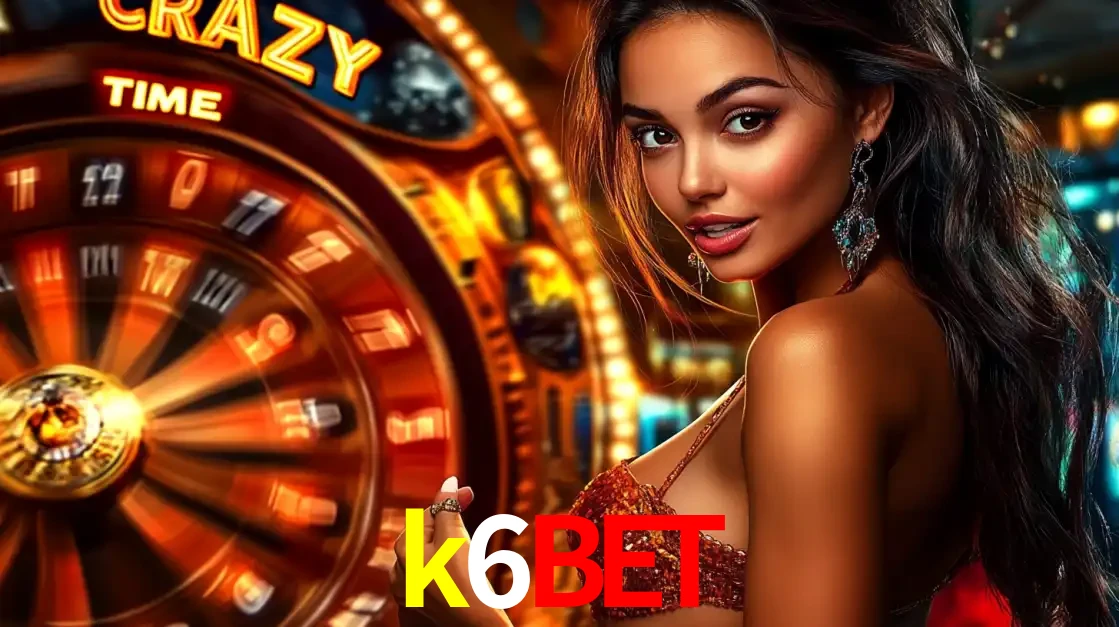 Mulher ao lado da roda de prêmios do jogo de cassino ao vivo Crazy Time, um dos shows de jogos mais emocionantes oferecidos pela plataforma de apostas k6bet.
