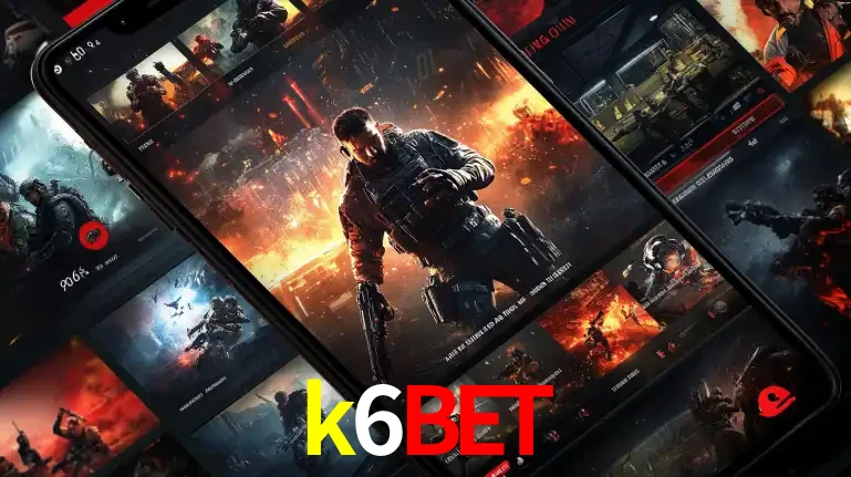 Tela de um celular exibindo uma galeria de jogos de tiro com temática militar, mostrando a variedade de e-sports disponíveis para apostas na plataforma de entretenimento k6bet.