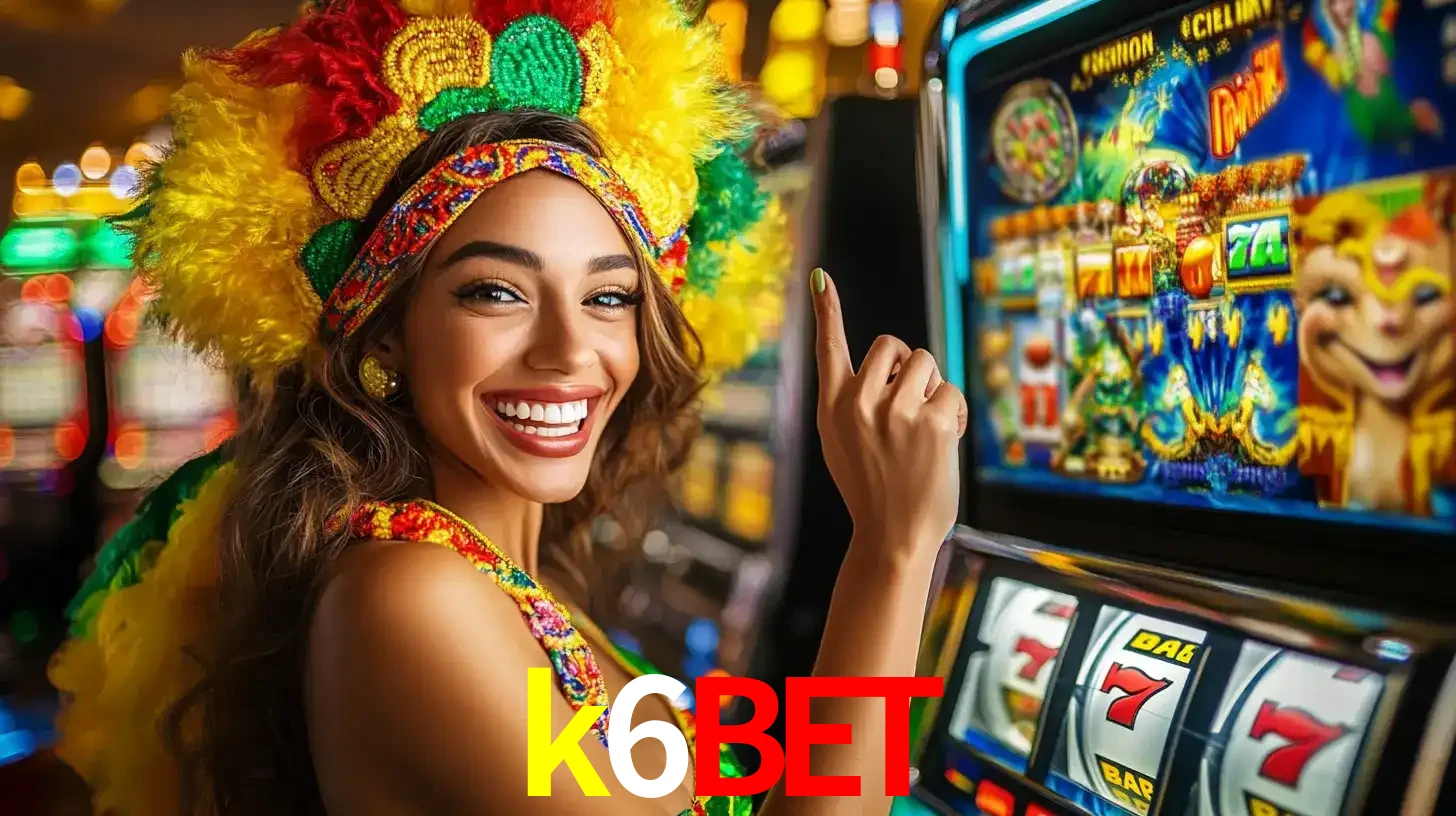 Mulher animada com um cocar de carnaval apontando para uma máquina de caça-níqueis, mostrando a emoção de ganhar um grande prêmio nos jogos do k6bet.