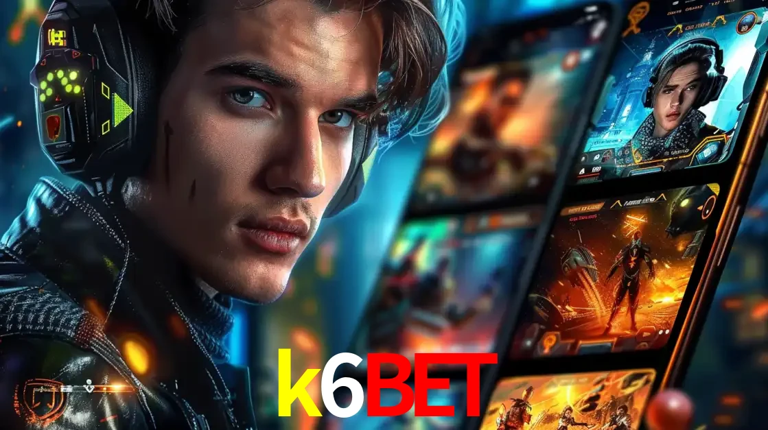 Jovem jogador com fones de ouvido olhando para a câmera, com um aplicativo de jogos e e-sports para celular ao fundo, pronto para a competição e apostas no k6bet.