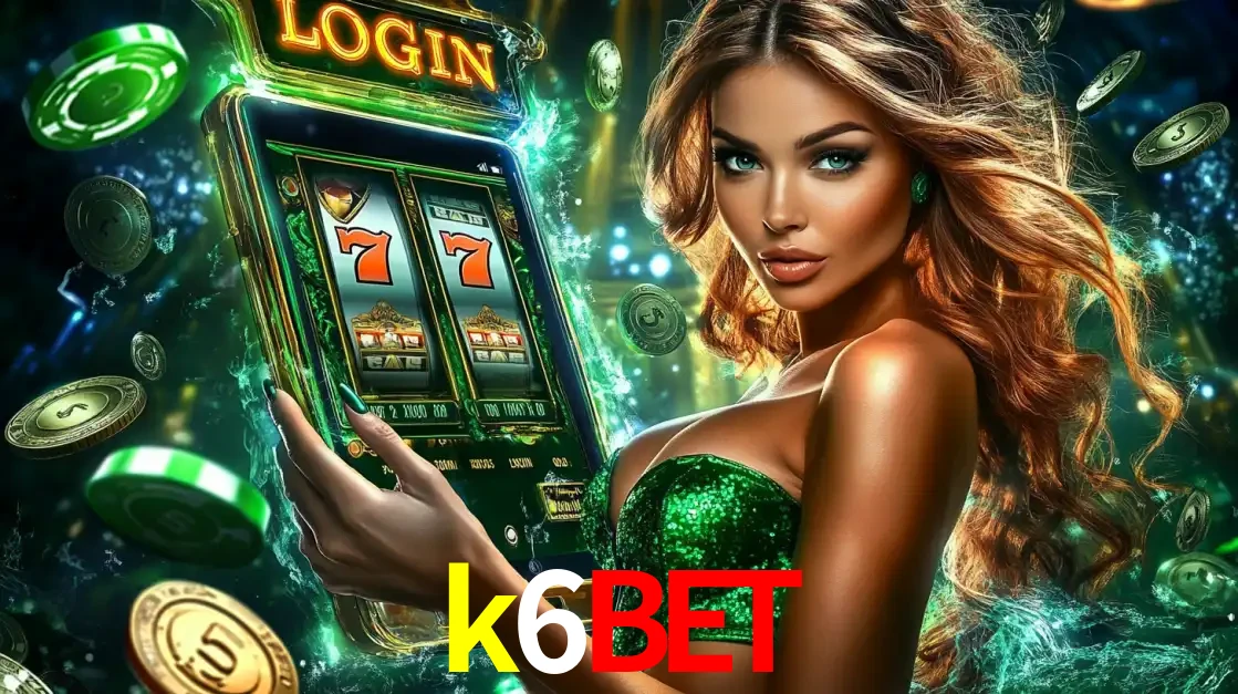 Mulher com tema verde apresentando o aplicativo do cassino k6bet com um jogo de slot de 777, cercada por fichas de cassino e uma aura de sorte.