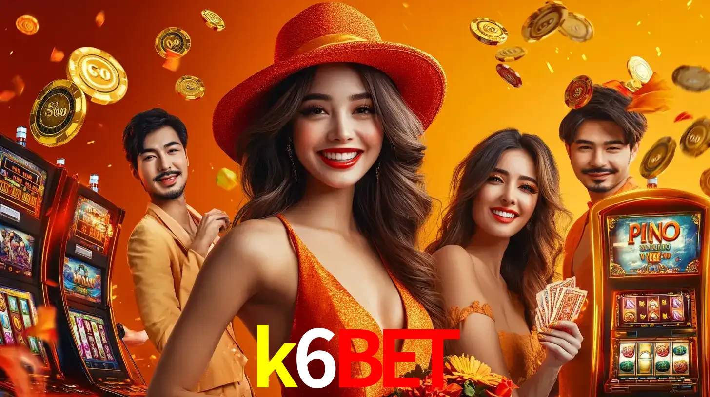 Grupo de amigos asiáticos sorrindo e se divertindo com máquinas de caça-níqueis em um ambiente festivo, celebrando suas vitórias nos jogos de cassino do k6bet.