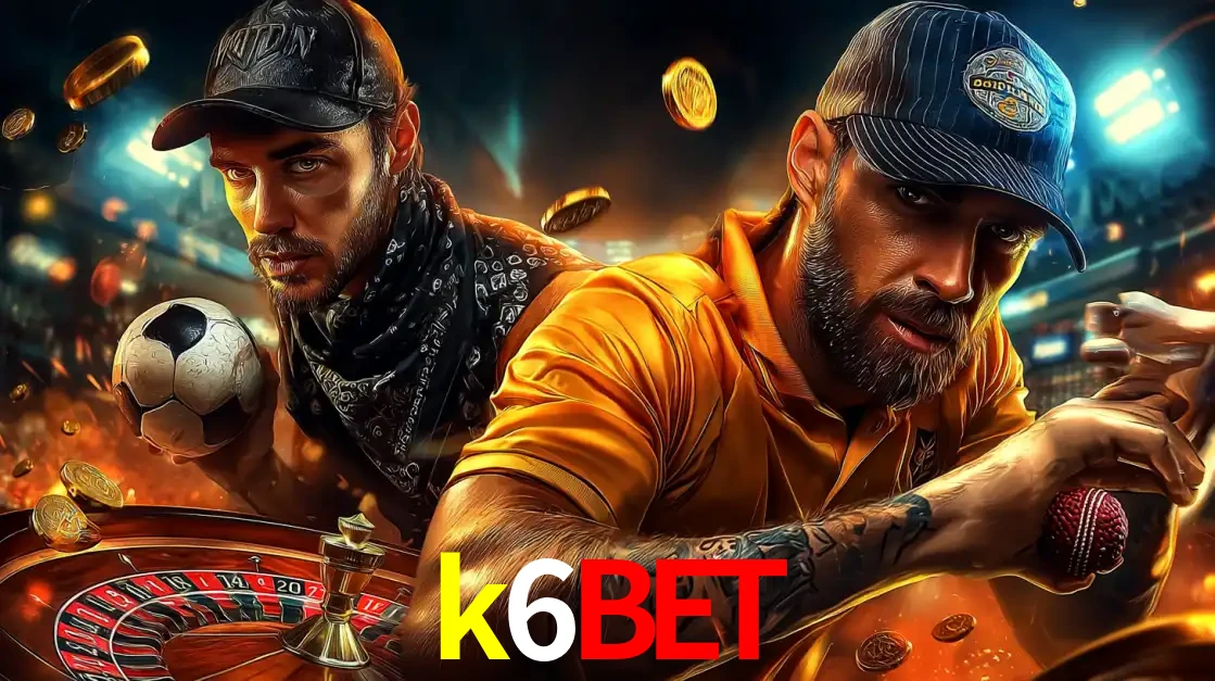 Montagem de apostas esportivas e cassino no k6bet, com um homem segurando uma bola de futebol e outro uma de beisebol sobre uma roleta e moedas voadoras.