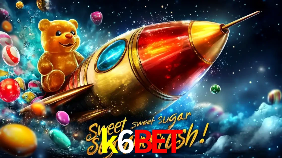 Arte promocional do jogo de slot Sugar Rush, com um urso de pelúcia em um foguete viajando pelo espaço de doces, um dos jogos divertidos disponíveis no cassino k6bet.