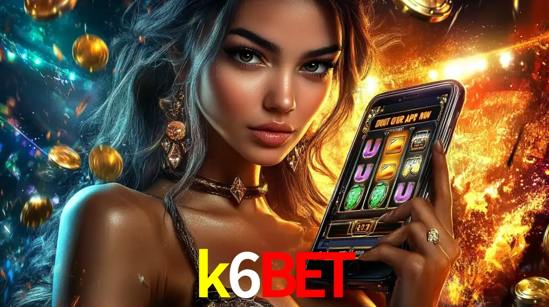 Mulher elegante mostrando um jogo de caça-níqueis em seu smartphone, destacando a experiência de cassino móvel oferecida pelo aplicativo k6bet.