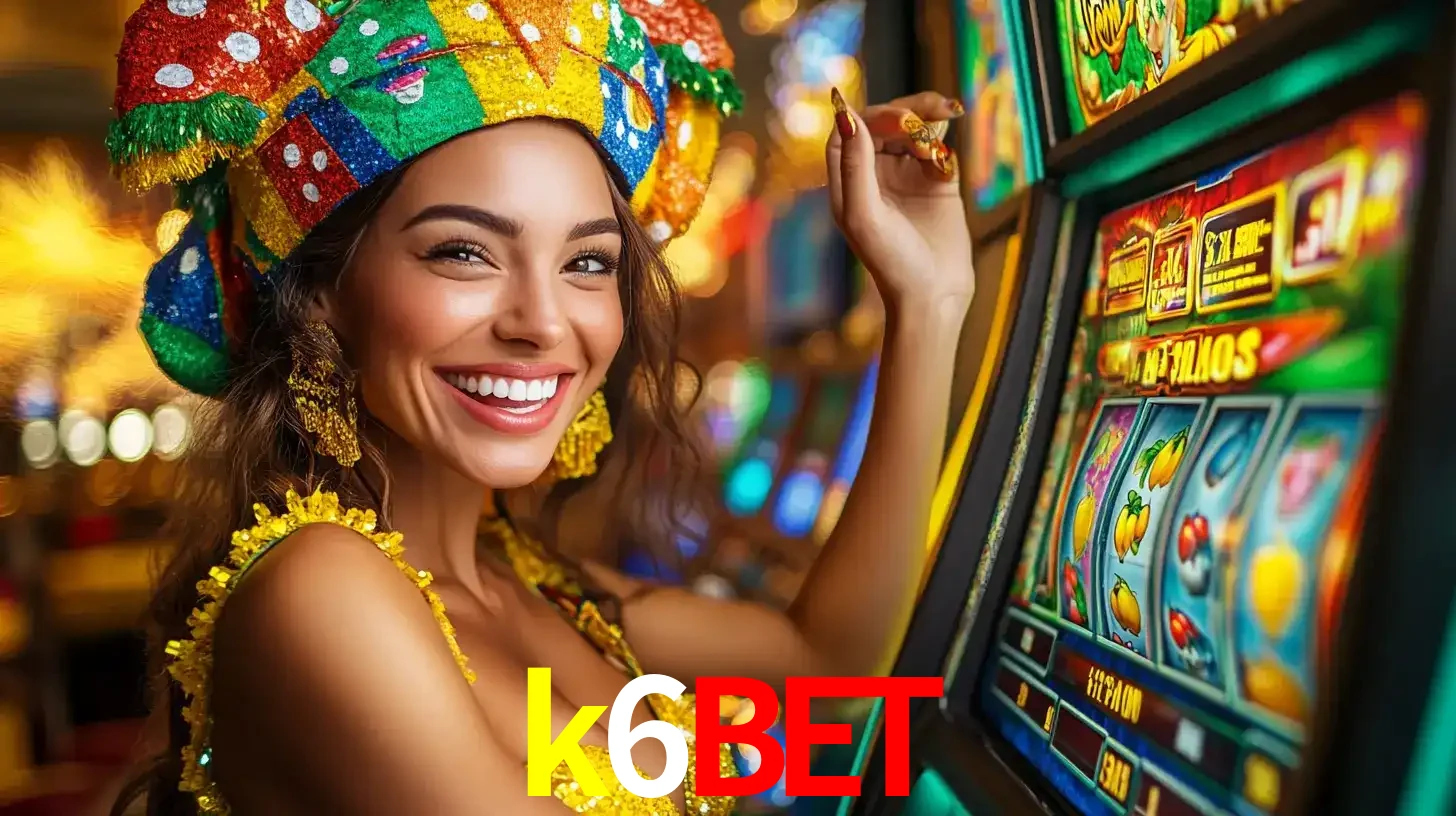 Mulher feliz com traje de carnaval amarelo e colorido ao lado de uma máquina de caça-níqueis, aproveitando a diversão e os jogos temáticos do cassino k6bet.